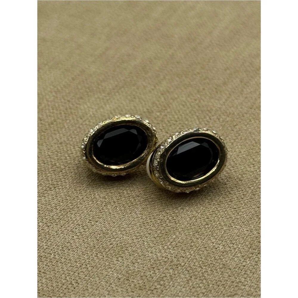 vintage MV Vellano black onyx and rhinestone clip-on earrings